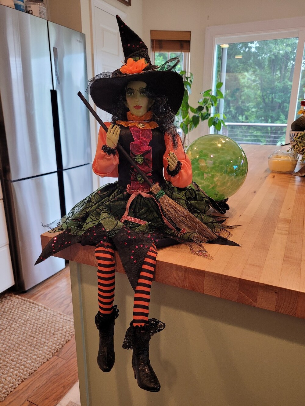 Broomstick Blvd Witch & Green Swirl Glass Crystal Ball Halloween Home Decor Set